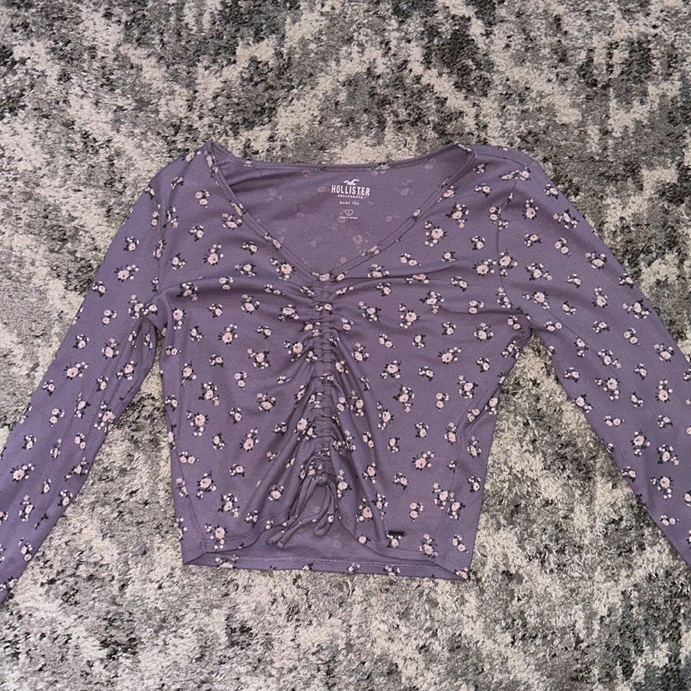 Hollister Baby Tee, Purple Flower Crop Top, Size L